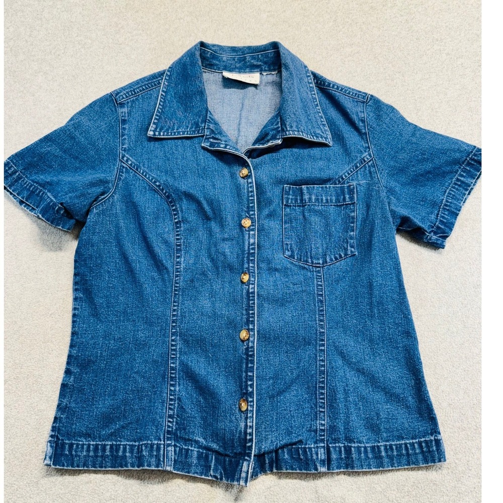 Talbots Denim Shirt Womens Petites M Blue Short Sleeve Vintage 90s Button Down